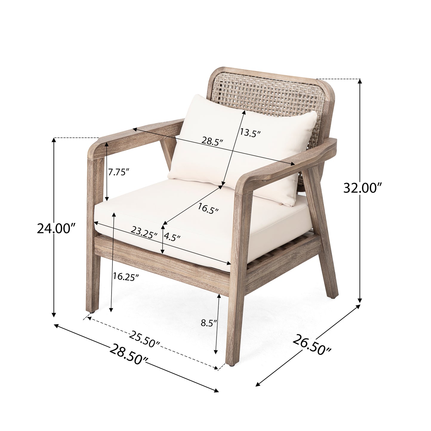 SET OF 2  Outdoor Acacia Wood Patio Club Chair, Patio Furniture,Waterproof Thick Cushion Deep Seating For Porch, Garden, Backyard, Balcony, Weight Capacity 400lbs, Light Brown Finish, Cream Cushion