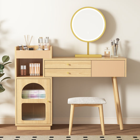 Dressing Table Set, Makeup Table With LED Mirror And 3-color Lighting, Wooden Dressing Table For Bedroom Studio - Dimensions W120 H90 D40 Cm Without Stool Old SKU RN3198724AAA