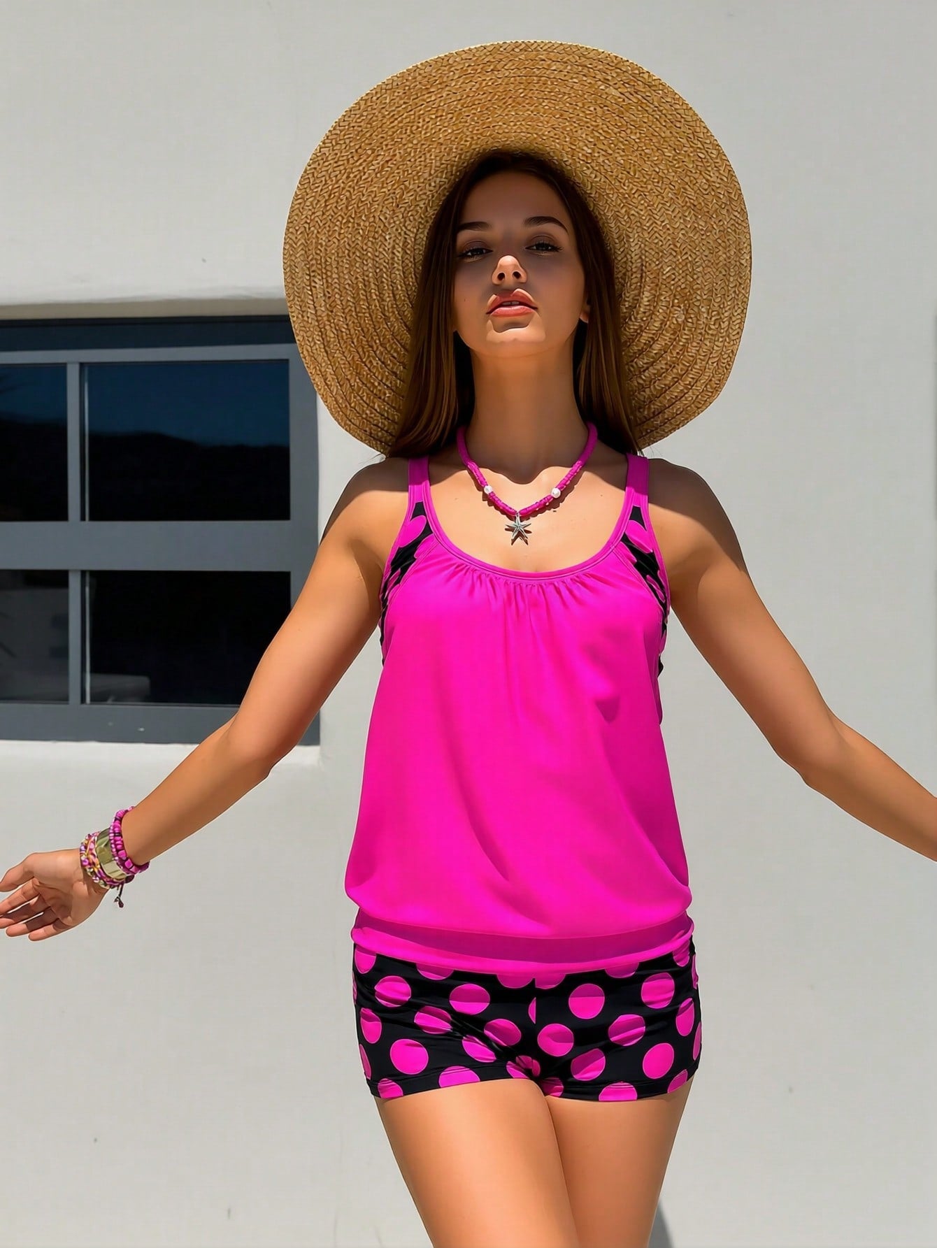 2026 New Hot Tankini Swimsuit Set, Scoop Neck Loose Tank Top & Polka Dot Boyshort Bottoms