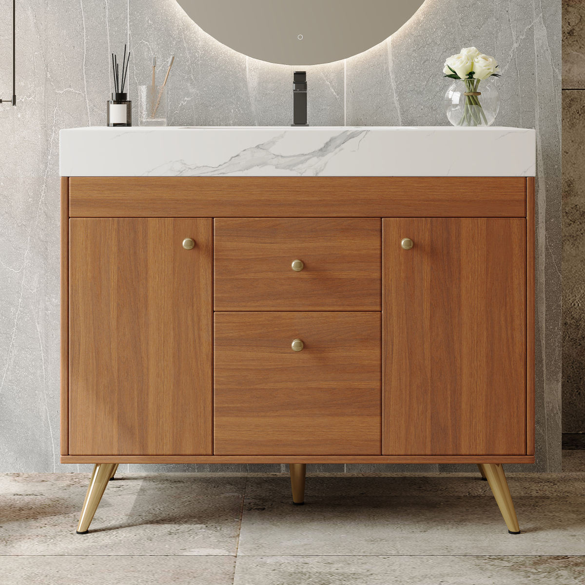 36  Modern Freestanding Bathroom Vanity With Sintered Stone Top, Ceramic Sink & Smart Storage