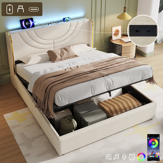 5ft King Upholstered Bed Frame With Hydraulic Storage, LED Headboard With Charging Station And Chrome Trim, USB And Type-C Ports, Linen, No Box Spring Needed, Beige  No Mattress