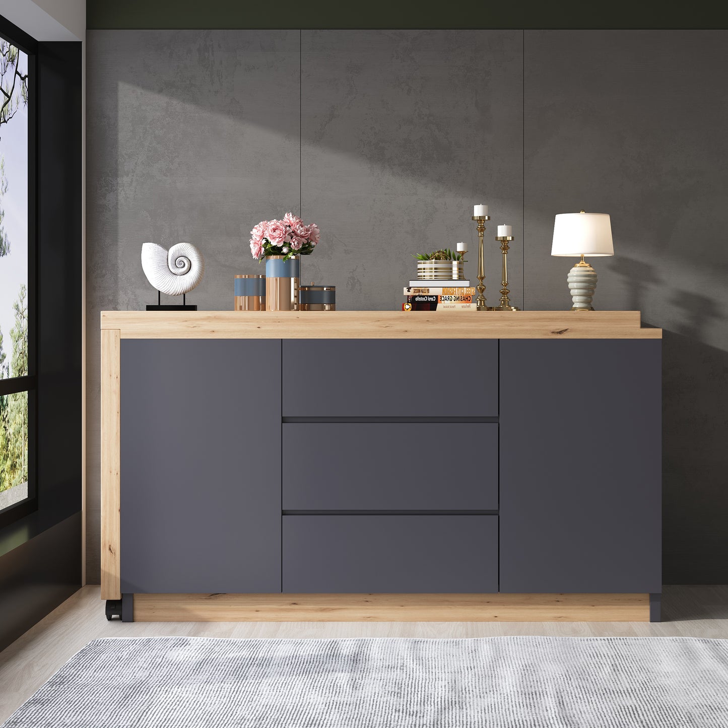 Desk With Lockable Castors  Multifunctional Design, 4 Cm Thicker, Swivel Table Top, Lockable In Place, Grey Oak, Foldable Desk, Corner Desk, Sideboard, Thick Material