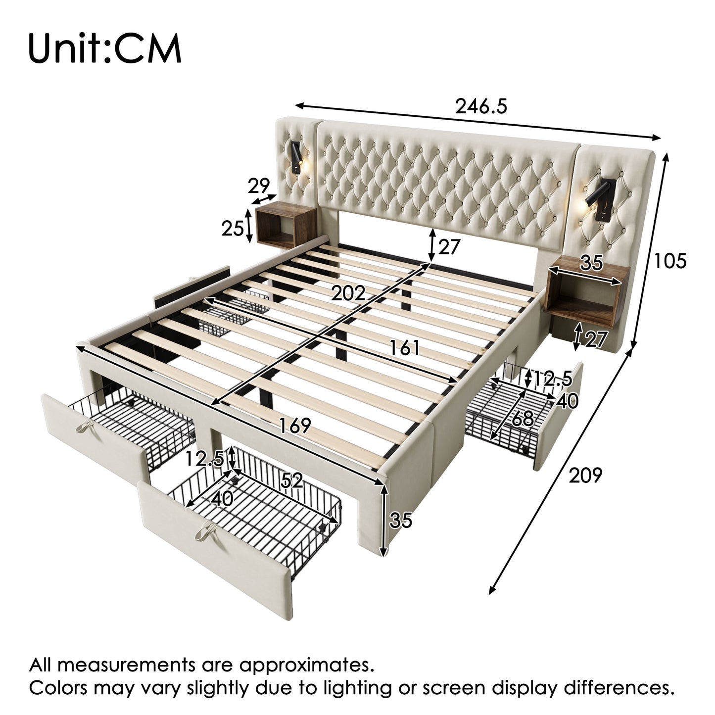 AB30260890B Bed System Bedroom Complete Set, Upholstered Bed Double Bed 160X200 Cm With 2 Bedside Tables And 4 Drawers, Headboard Reading Light With USB Charging Function, Beige, Velvet  Without Mat
