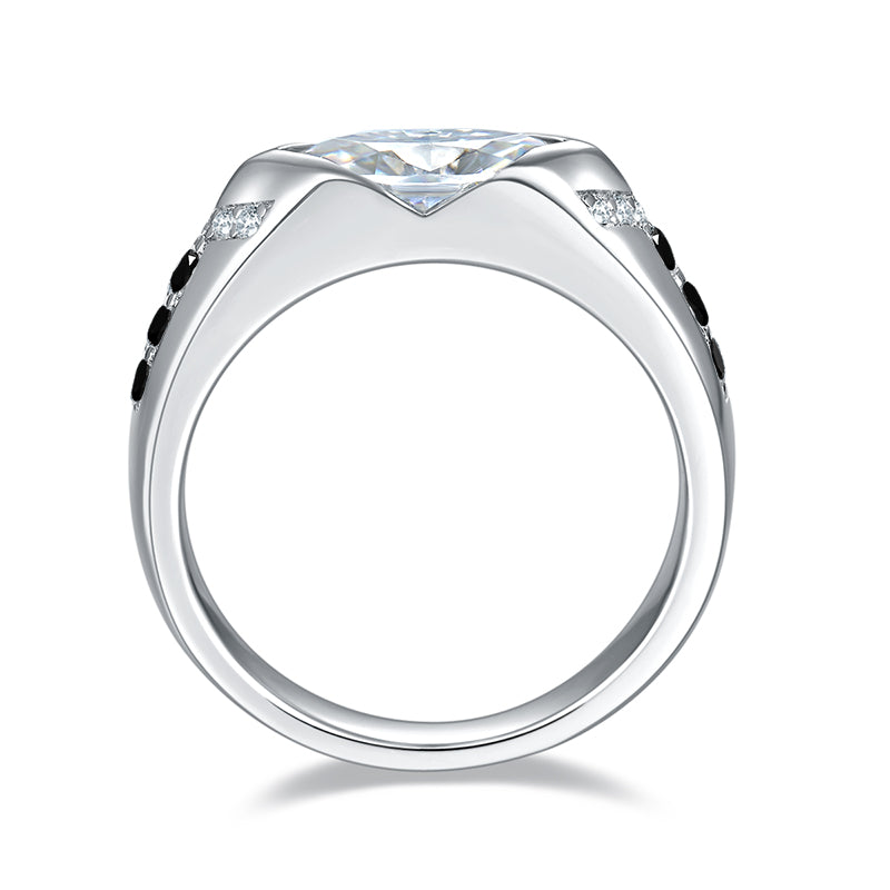 S925 Sterling Silver 1ct Marquise Moissanite Men's Ring, Geometric Silver With Black Accents, Platinum Plated, US Sizes 5-9, GRA Certificate Gift Box