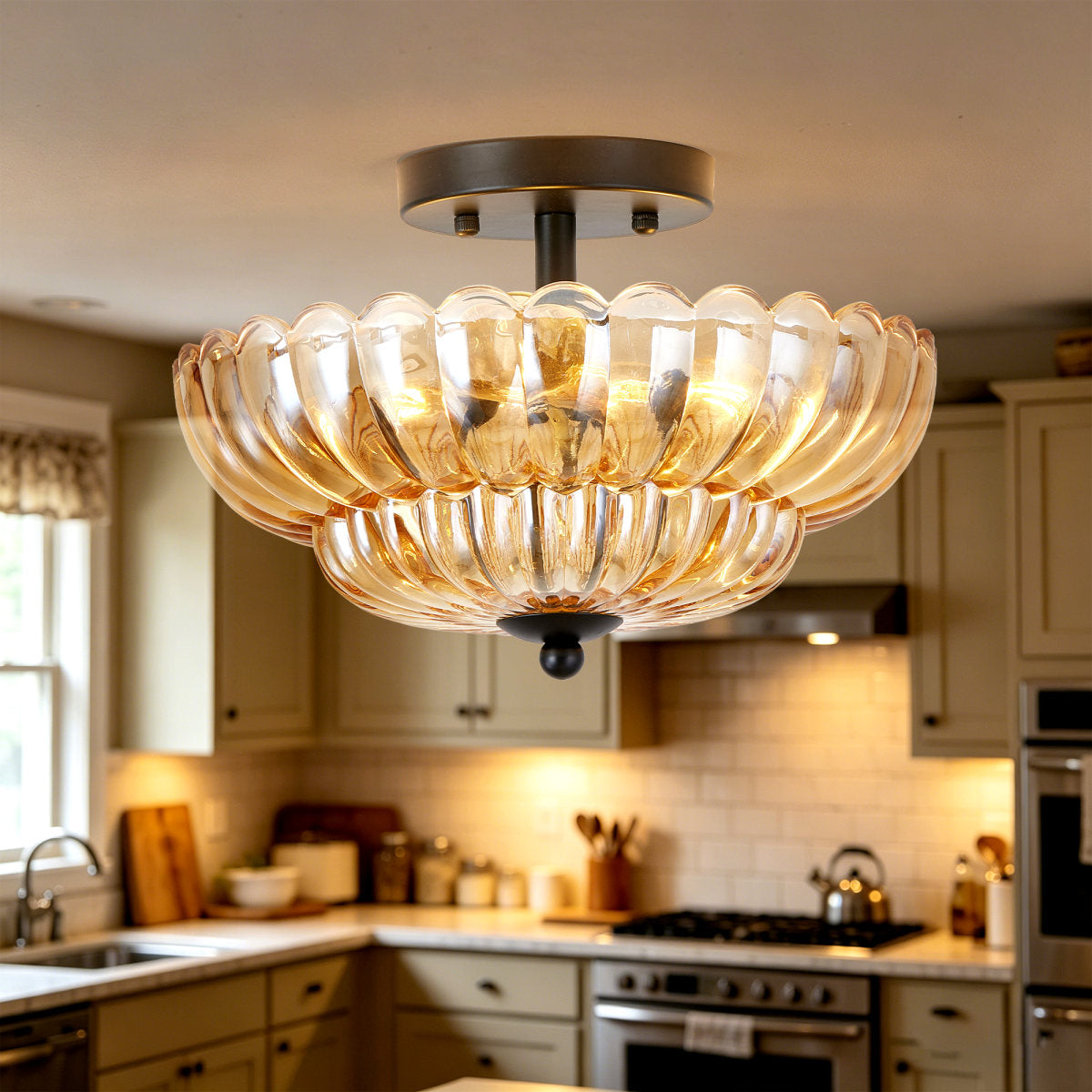 Semi Flush Mount Ceiling Light, Amber Glass Ceiling Light Fixture, 3-Bulb Modern Black Close to Ceiling Light, Vintage Glass Ceiling Lights for Bedroom Kitchen Living Room, Bulb Not Included