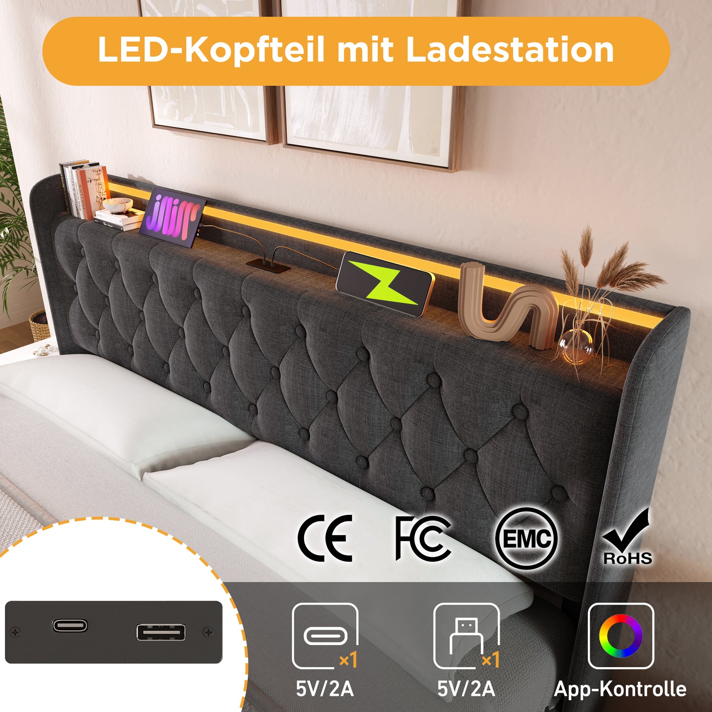 Upholstered Bed Double Bed, 360 Surround LED Function, Push Button App Remote Control, 180x200 Cm, Grey Linen Material Hydraulic Storage Bed, Upholstered Headboard With USB Type-C Charging Function Wi