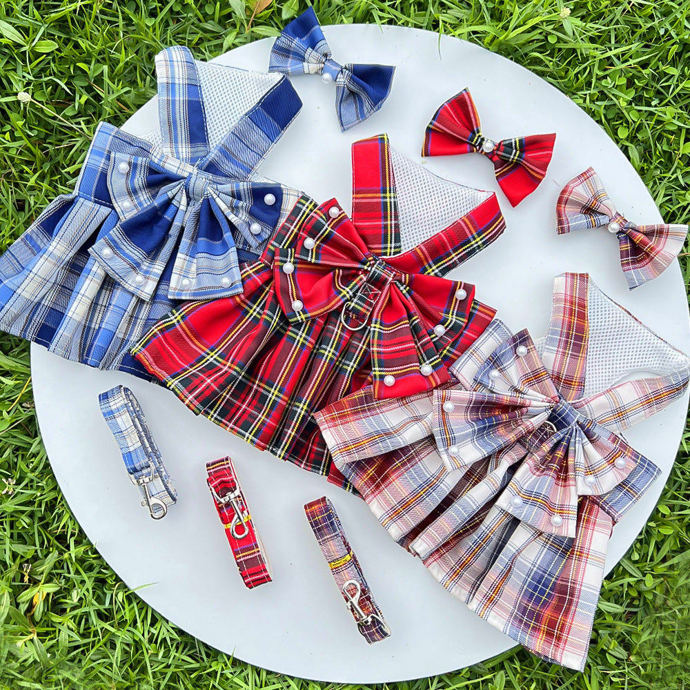 Pet JK-style Plaid Dog Dress With Leash Accessories