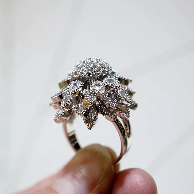Flower Adjustable Open Silvery Ring For Women, Trendy Elegant Unique Cubic Zirconia Enamel Front Open Floral Leaf Easter Jewelry Gift-flower