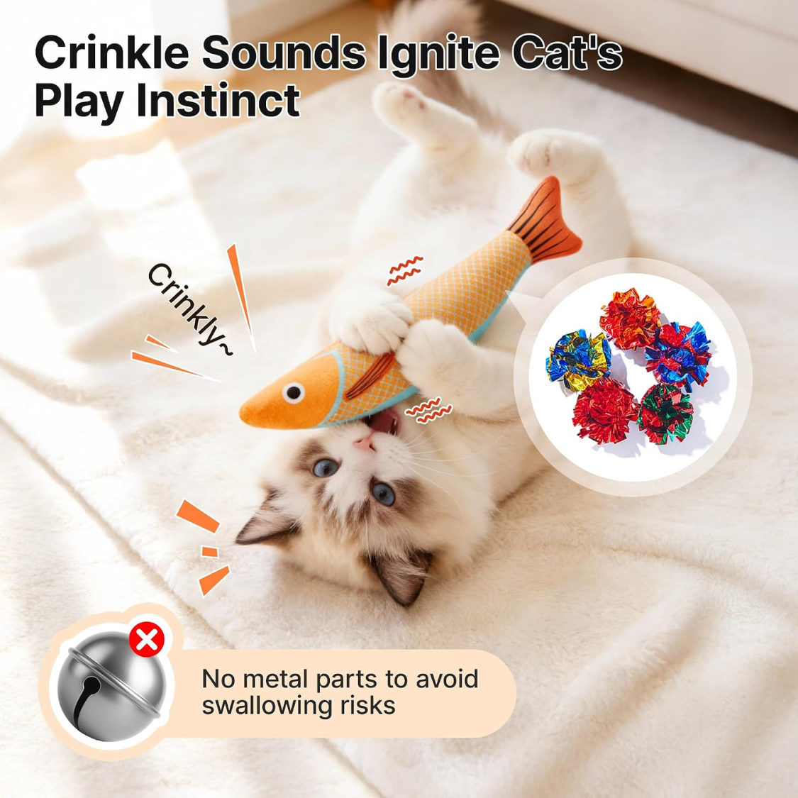 Cat Toys Saury Fish, 3 Pack, Catnip Crinkle Sound, Soft And Durable, Interactive Kitten Kicker For Indoor Kitty