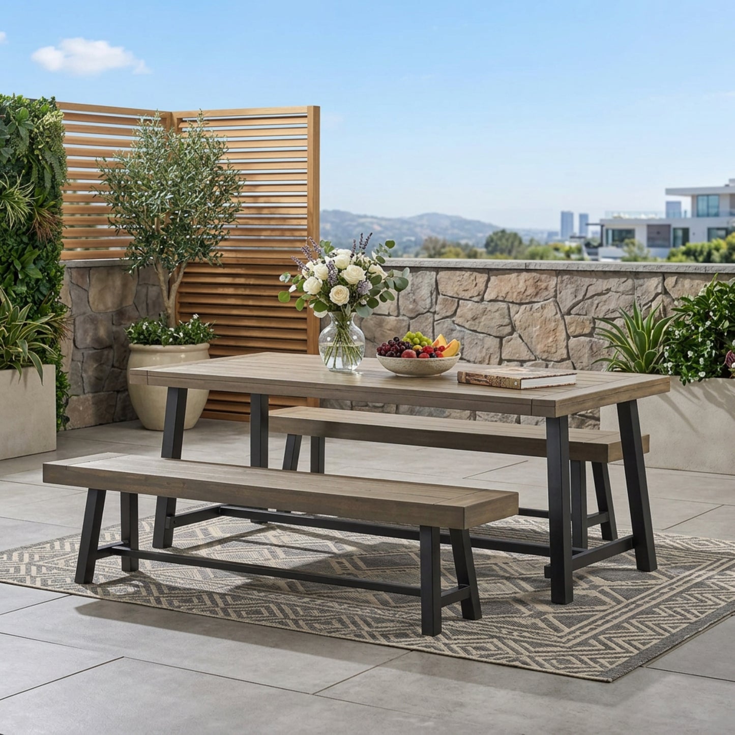 Outdoor Acacia Wood 3 Piece Picnic Dining Set, Gray And Rustic Metal