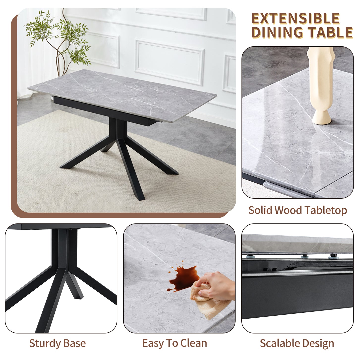 Modern Rectangular Dining Table With Light Gray Painted MDF Top And Sturdy Geometric Metal Legs, Contemporary Kitchen Table For Dining Room, Office Or Small Spaces  Light Gray Marble, 1 Table