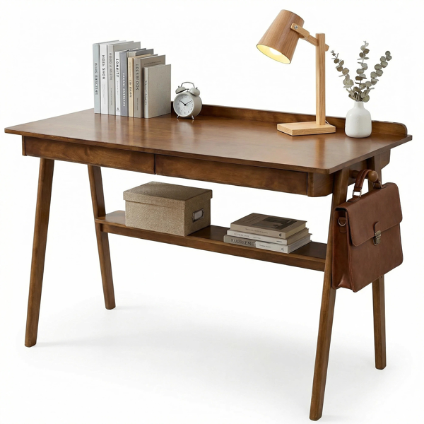 Solid Wood Writing Desk, Home Office Desk For Small Spaces, Mid Century Modern Desks With 2 Drawers & Storage Shelf, Standing Desk With Side Hooks For Study, Bedroom, Office  Walnut