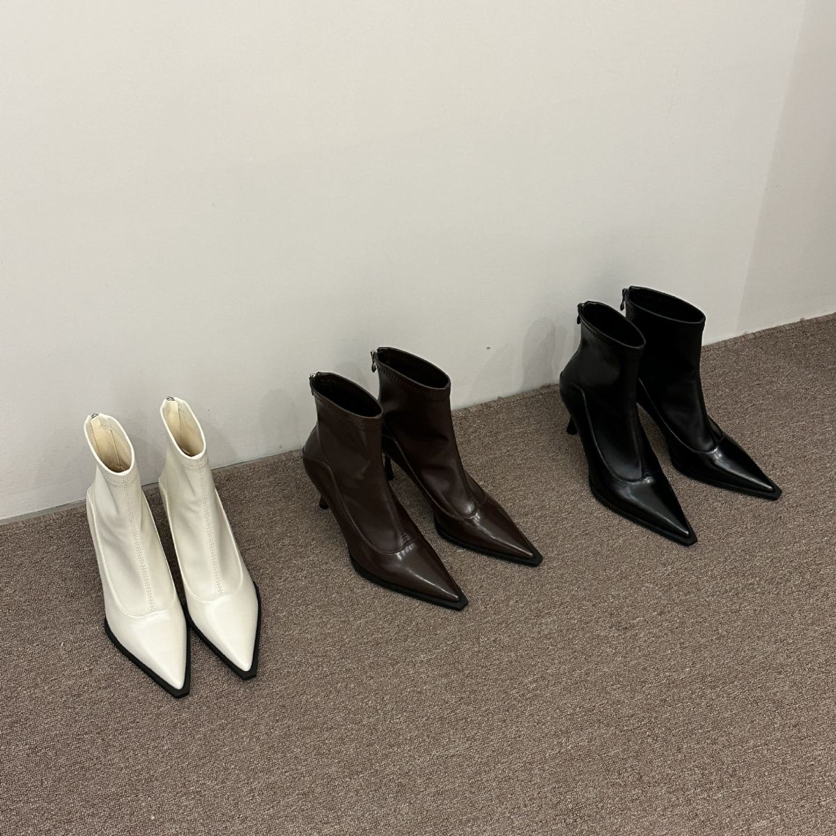Stiletto-heeled Pointed-toe Chic Soft-leather Ankle Boots With A Back Zipper Korean-style And Versatile
