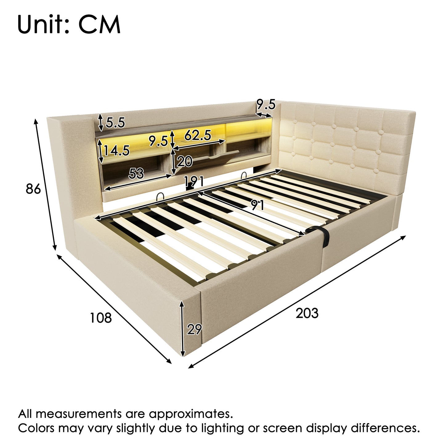 Daybed Upholstered Bed 90 X 190 Cm, 3FT Single Sofa Bed With Hydraulic Storage, USB &Type-C Charging Station, Single Bed For Living Room And Bedroom, Linen, Beige  No Mattress