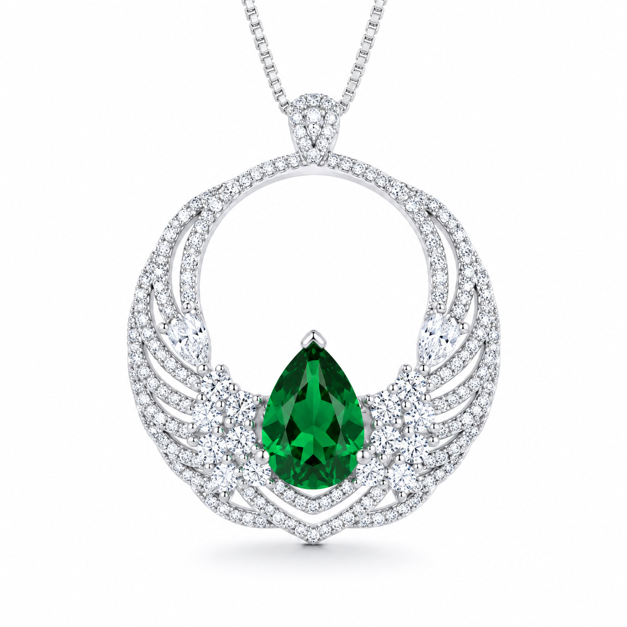 Pear Cut Simulated Emerald Wing Circle Pendant Necklace For Women, Copper Plated Silver Full Pave White Cubic Zirconia Luxury Angel Wing Wedding Bridal Statement Jewelry Gift
