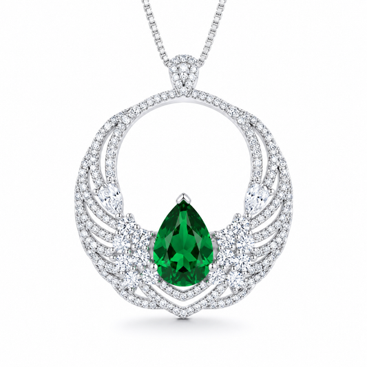 Pear Cut Simulated Emerald Wing Circle Pendant Necklace For Women, Copper Plated Silver Full Pave White Cubic Zirconia Luxury Angel Wing Wedding Bridal Statement Jewelry Gift
