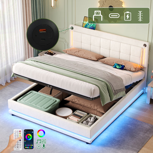 4ft6 Double LED Hydraulic Bed With Charging Station, Adjustable Square Tufted Headboard With Intelligent Control Light, Soft Velvet Bed Frame With USB And Type - C Ports, Beige