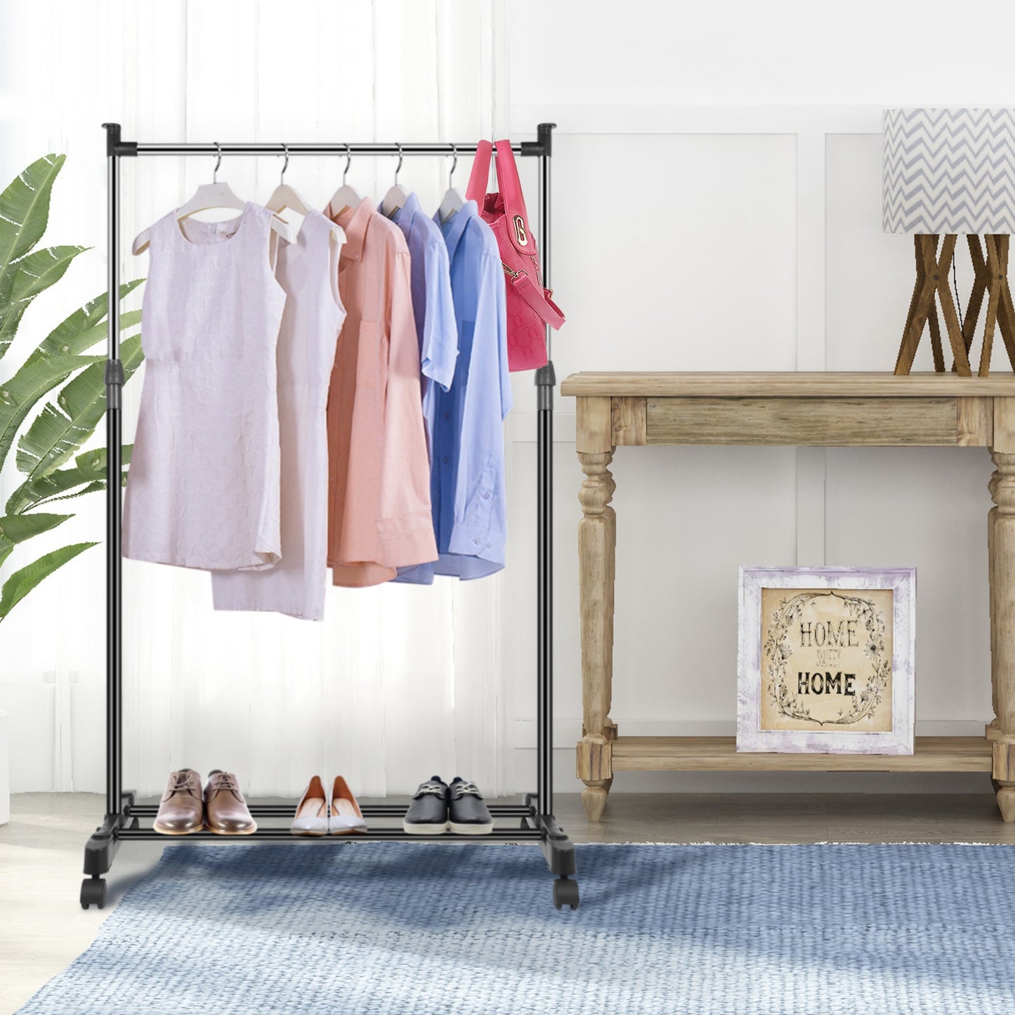 15kg 33lbs Garment Racks 3.12ft To 4.80ft Height Adjustable Clothes Stand Foldable Clothes Hanger With Wheels Storage Shelf For Dormitory Home
