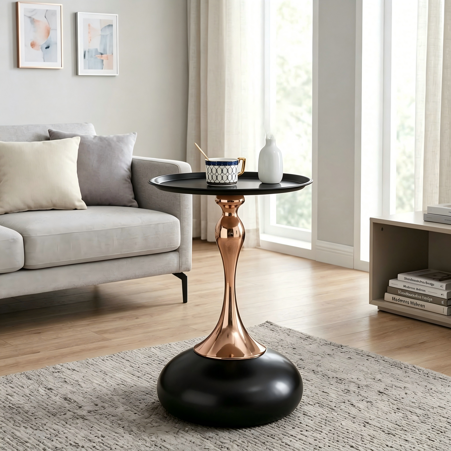 Modern Martini Tables, Small Round Side Table For Living Room, 38cm End Table With Metal Base, Black Circle Bedroom Table And Bedside Table, Balcony Table For Tea, Corner Accent Tables For Bed