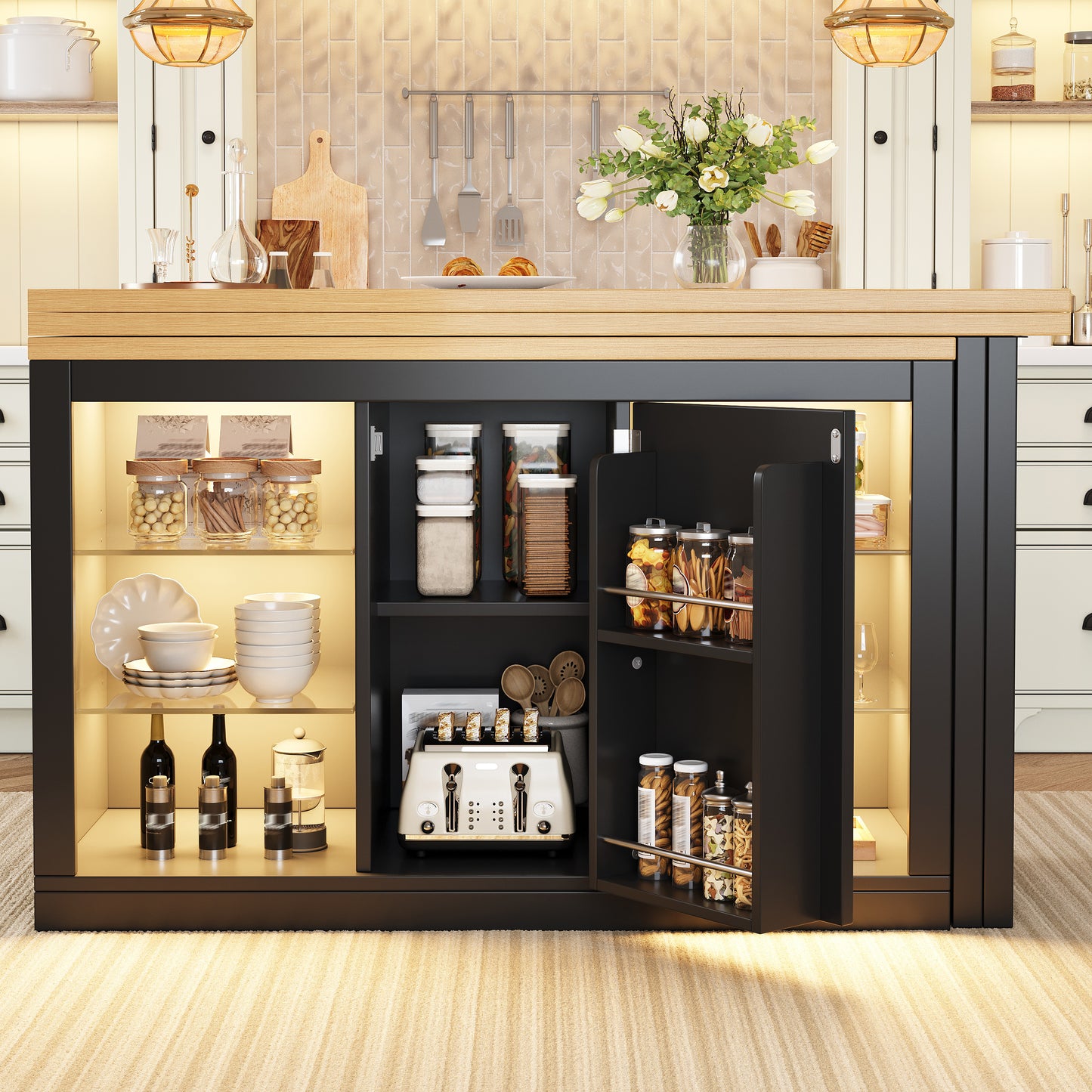 Extendable Sideboard With LED Lights, 120-197 Cm Adjustable Dining Table With Storage, Kitchen Cabinet With Glass Shelves & Snack Rack, White Black