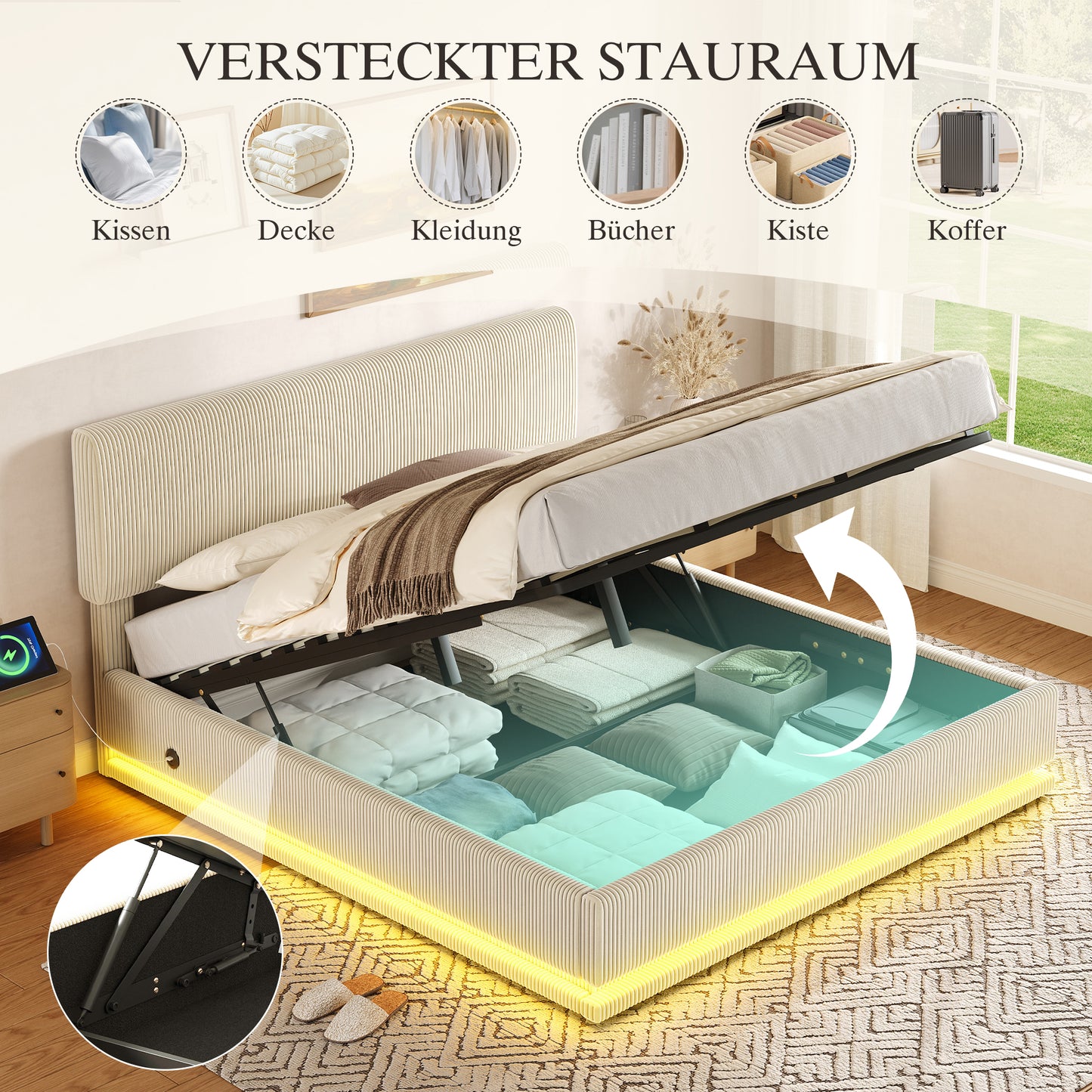Modern Upholstered Beds With LED Lighting And USB-C Charging Function, Height-adjustable Headboard, Corduroy Fabric, Sturdy Slatted Frame, Large Underblanket Storage Space And Comfortable Upholstered