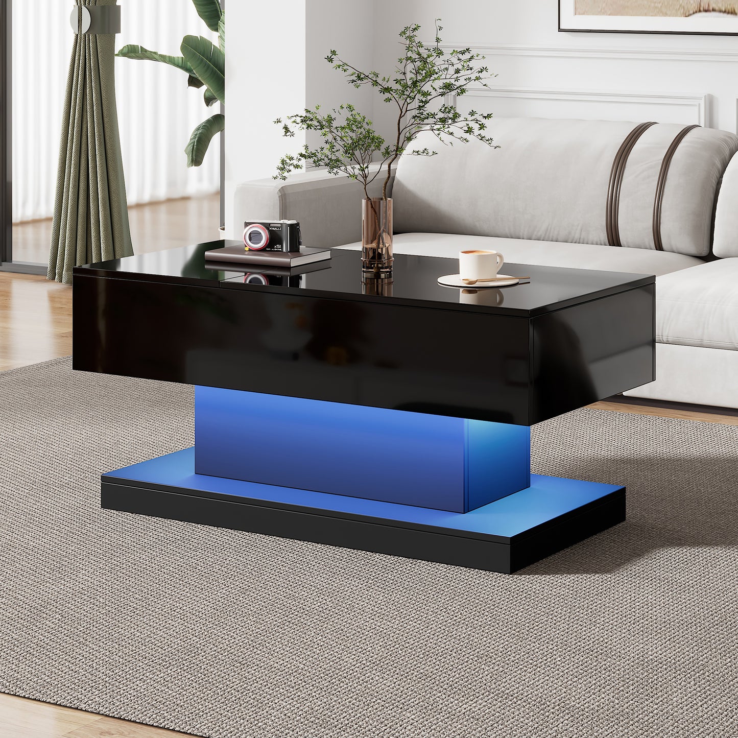 High Gloss Lift Tea Table LED Coffee Tables Coffee Table 100x50x45 Cm With LED Lighting -Semi-Liftable Table Top And Sideways Sliding Design, Hydraulic Lift And Storage
