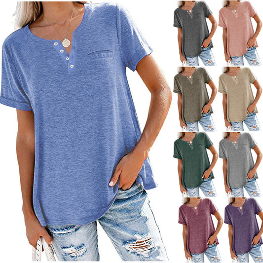 Women's Henley Neck Button Detail Curved Hem Pocket Decor Casual Short Sleeve T-Shirt