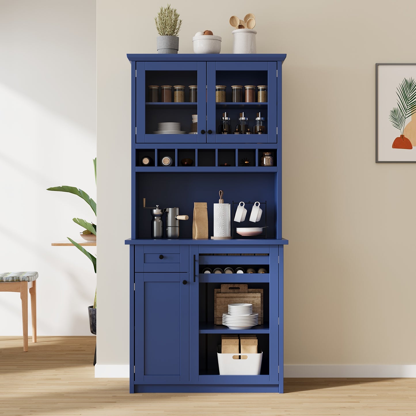 TOPMAx Farmhouse 35.4x17.7x74.8inch Freestanding Buffet With Hutch  Tall Kitchen Pantry Storage Cabinet With Wine Rack And Adjustable Shelves For Dining Room  Blue