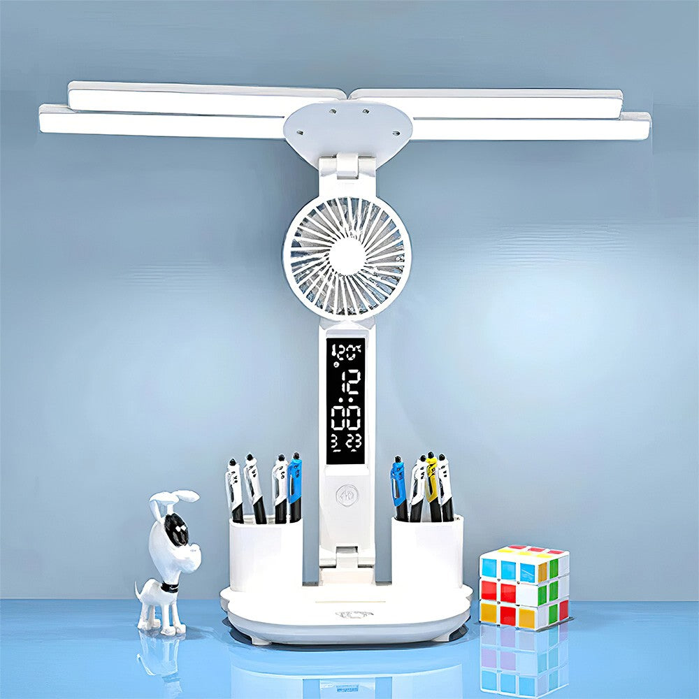 4-Head LED Desk Reading Lamp With Fan Clock Dimmable Rechargeable Touch Light