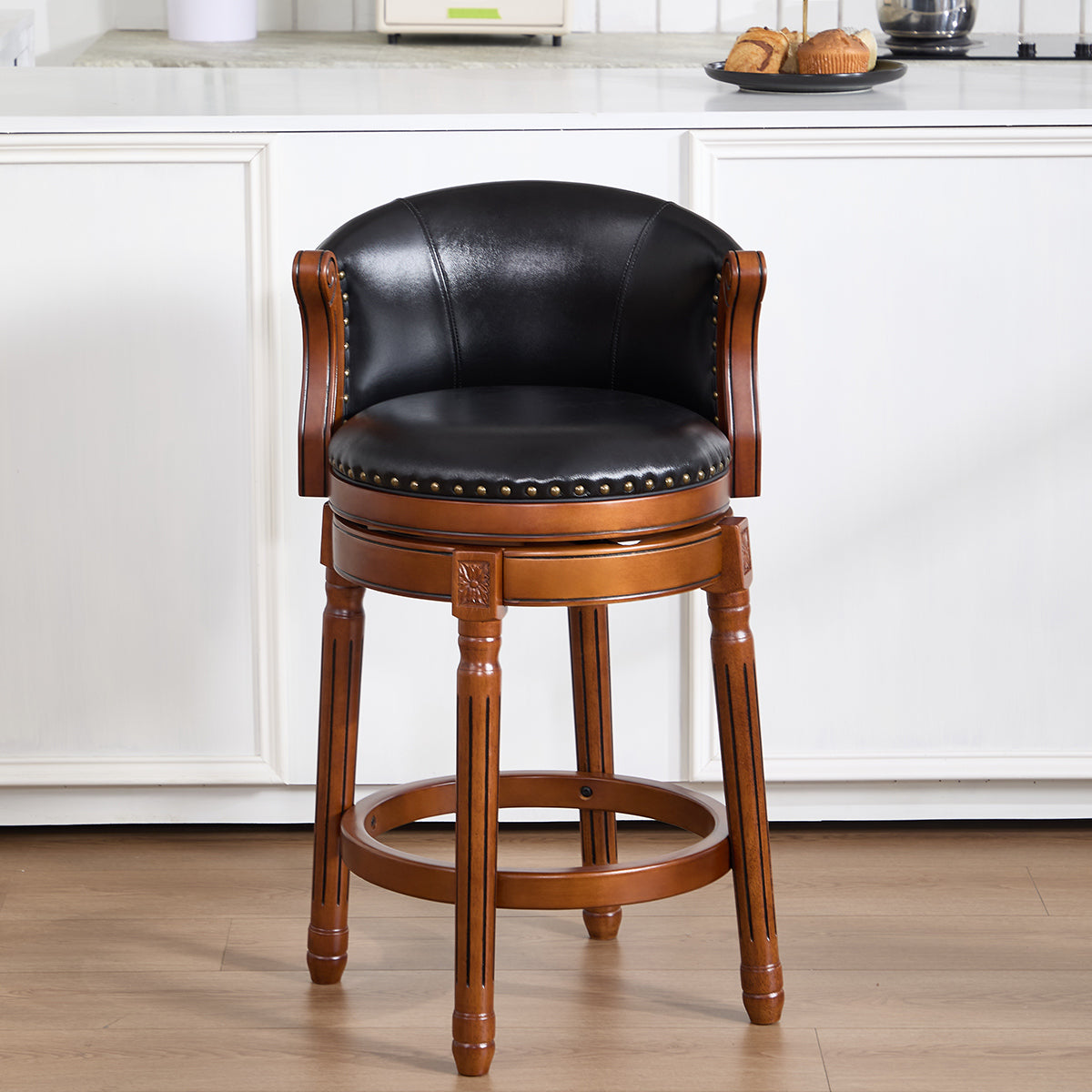 Cow Top Leather Wooden Bar Stools, 360 Degree Swivel Bar Height Chair With Backs For Home Kitchen Counter, Morden Chair Barstools