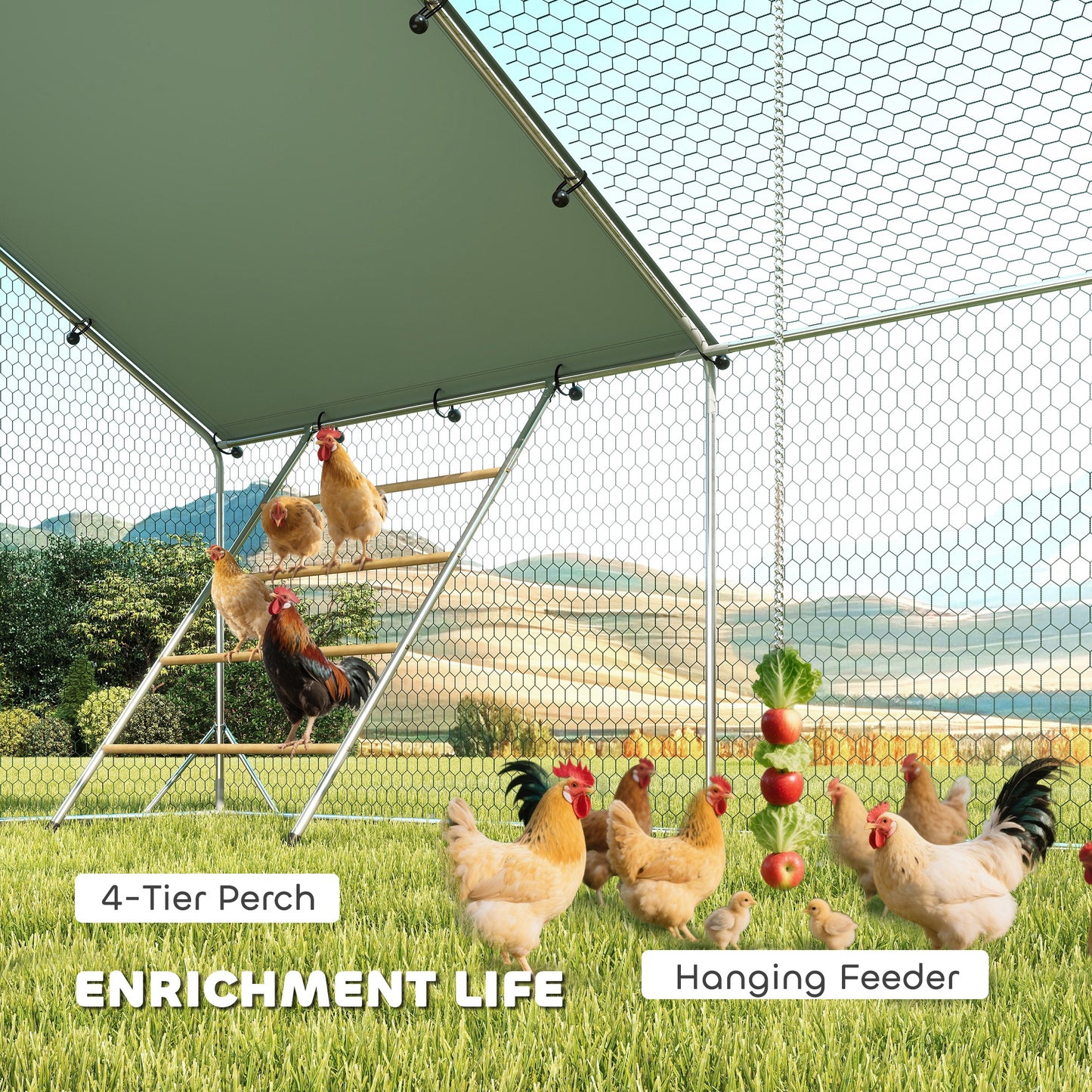 Metal Chicken Run w/ Waterproof & Anti-UV Cover, Feeding Door, Hanging Feeder, for 18-24 Chickens, 9.8 x 19.7 x 6.4