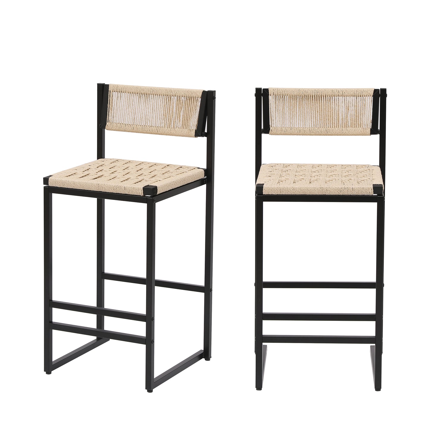 Set Of 2 Woven Bar Stools With Backrest Paper Rope Weave Dining Chairs For Kitchen Island  Style B Black & Creamy White