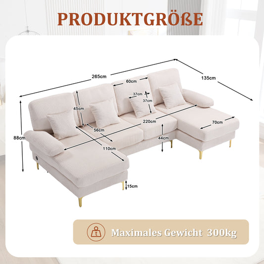 Modern U-shaped Sofa With LED Ambient Lighting & The USB-C Port Solid Wood Frame, 4 Luxurious Cushions & Ergonomic Premium Backrest For Maximum Comfort, Beige