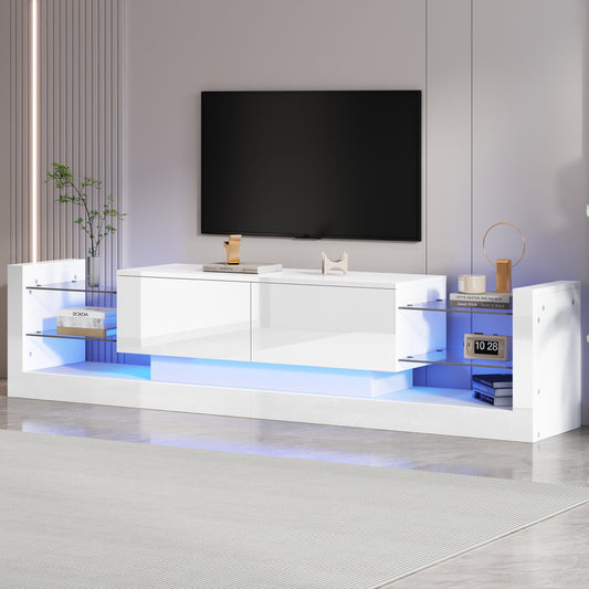 High-gloss TV Cabinet With LED Lighting, 181 Cm For TVs Up To 80 Inches, Glass Front, Two Fold-down Drawers