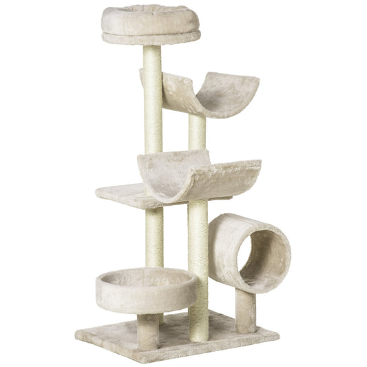 PawHut Cat Tree For Indoor Cats Kitten Pet Scratching Post Perch Activity Center Scratcher Climb Post Play House Arch With Tunnel 105cm Tall Beige