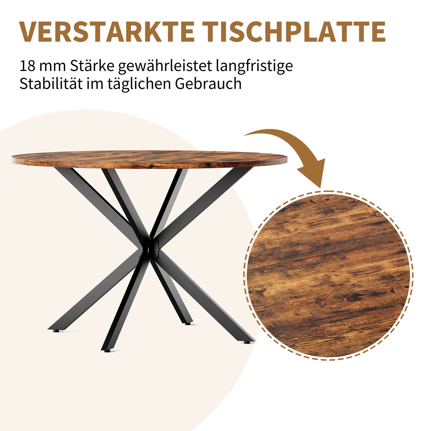 Round Dining Table Industrial Style  120 Cm Generous With X-feet Vintage Brown-black Kitchen Living Room