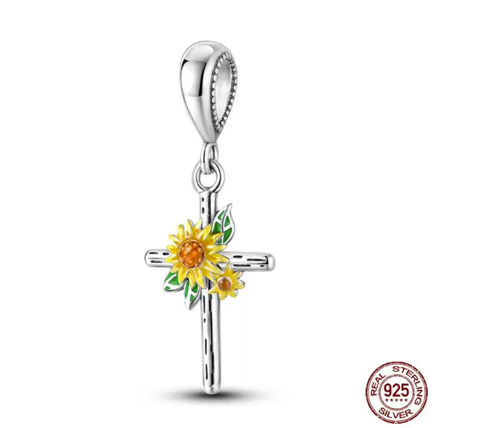New 925 Sterling Silver Fashion Golden Sunflowers Heart