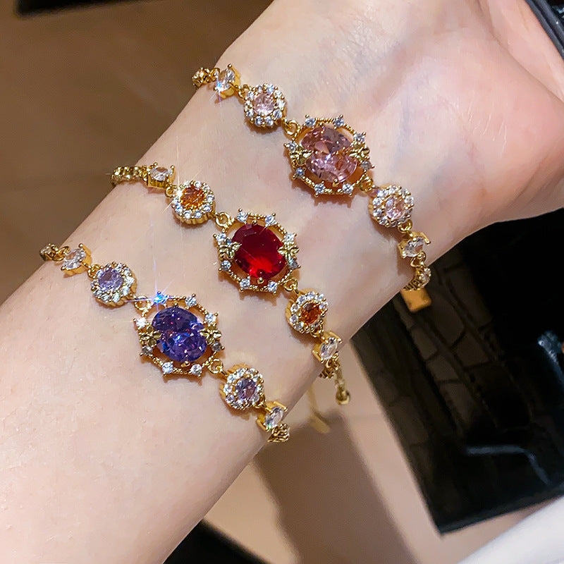 18K Gold Filled Colorful Oval CZ Pull-out Bracelet Luxury Adjustable Wristband Dainty Ladies' Jewelry Gift