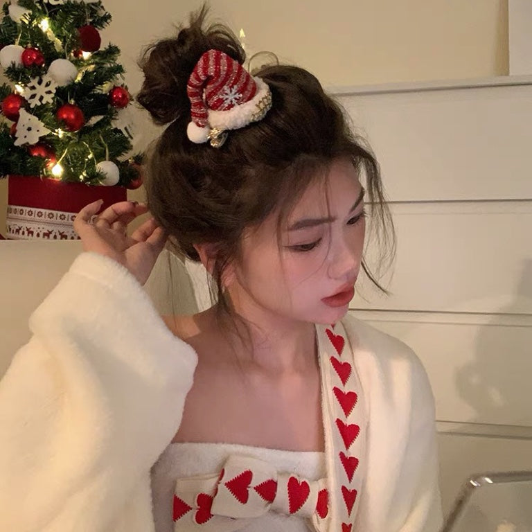 Red Cute Christmas Hat Headband Women's Plush Hair Clip Hairpin Hair Accessories Headwear