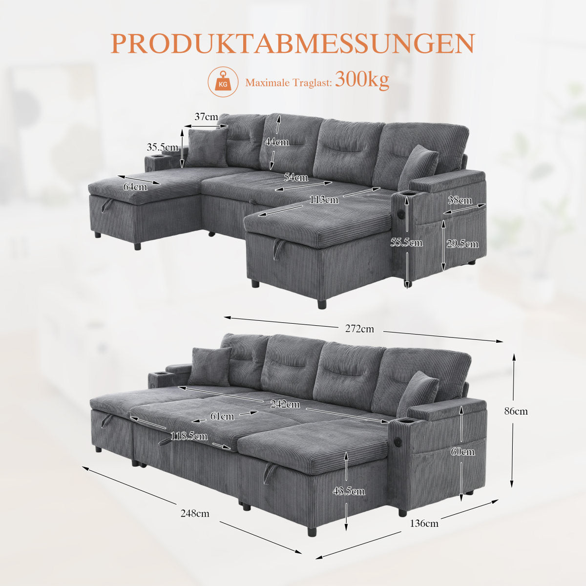 Modern 4-person Velvet Sofa With Double-sided Chaise Lengths, Integrated Storage, Beverage Holders, USB Ports And Pull-out Sleeping Function - Stylish For Any Living Room. Coal Black