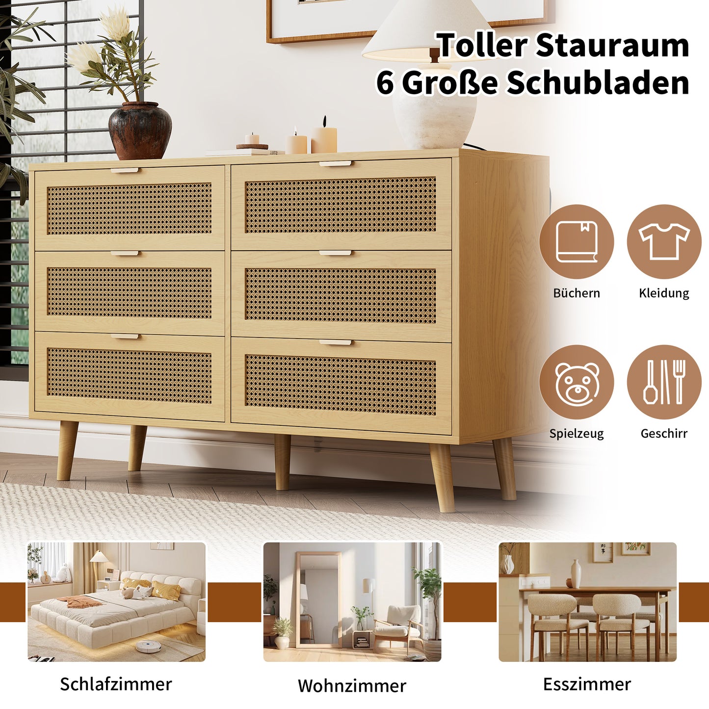 Chest Of Drawers With 6 Drawers, Sideboard Drawer Cabinet Made Of Wood, Drawer Chest Of Drawers With Metal Handles, For Bedroom, Living Room, Office, Sideboard Highboard With Plenty Of Storage Space,
