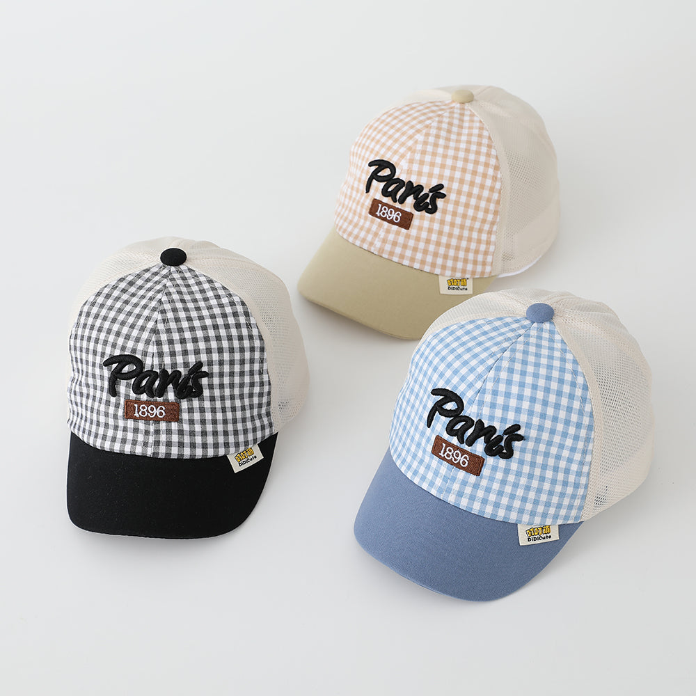 Summer Boys And Girls' Checkered Mesh Paris Letter-patterned Breathable Baseball Cap For Outdoor Outings, Sun Protection, Children's Hat