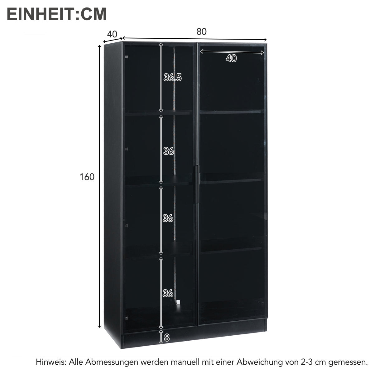 Glass Display Case With APP LED Lighting, Double Door Display Case With Movable Shelves, 80X40X160cm, Tall Cabinet For Living Room, Stand Display Cabinet, Bathroom Cabinet