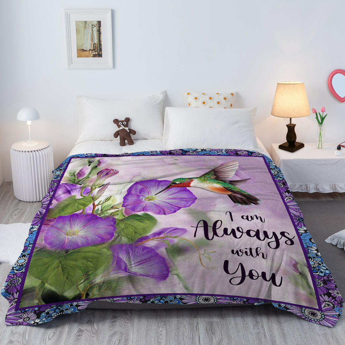 1pc Purple Morning Glory Hummingbird Print Flannel Blanket, Comfortable And Warm Home Throw For Bed, Sofa, Camping, And Multi-Scene Use With Seasonal Versatility