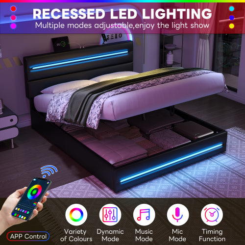 5ft King Upholstered Bed Frame With Hydraulic Storage, PU Ottoman Bed With LED Lighting And Charging Station, LED Adjustable Headboard With USB And Type - C Ports, Black