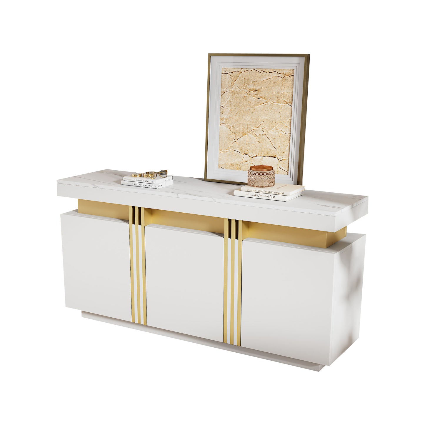 Modern White & Gold Buffet Cabinet, 55'' Sideboard With Faux Marble Top, Luxury Storage Credenza With 3 Doors & Adjustable Shelves For Kitchen, Dining Room, Living Room, Entryway