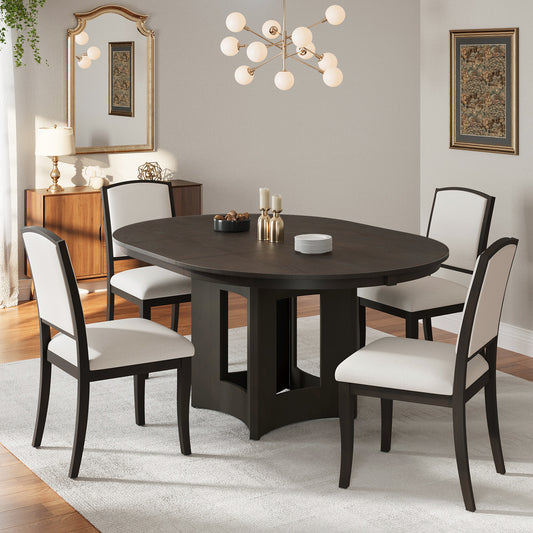 TOPMAX Farmhouse Extendable Round Dining Table Set For 4, 5-Piece Kitchen Table Set With 4 Upholstered Chairs And 16inch Removable Leaf For Small Places, Espresso Beige