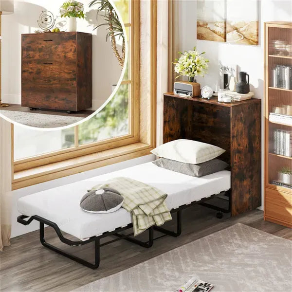 Rustic Brown Mobile Murphy Bed Cabinet 86.5' X 34' X 41.5' With Lockable Wheels, Space Saving Foldable Guest Bed With 4 Inch Foam Mattress