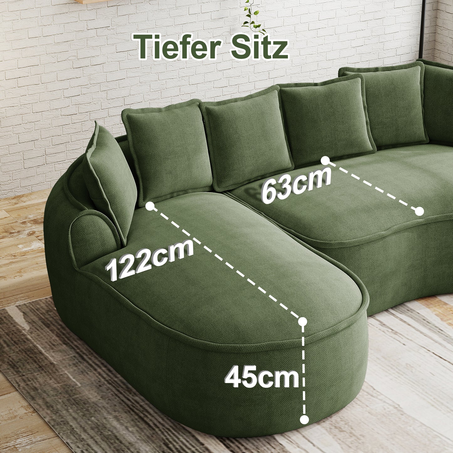 Comfortable Chenille Cloud Double Sofa, Frameless Design, Extra Large Double Chaise Longue, Including Cushions, No Setup Required, For Living Room,Green