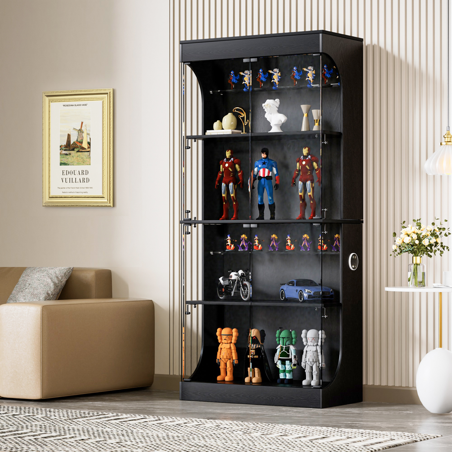 Four-storey Glass Display Case With Storage Space, LED Lighting, Glass Doors And Smart Sensors. Suitable As A Dustproof Glass Cabinet For Living Rooms, Bedrooms And Offices. Black. 80x35x165cm